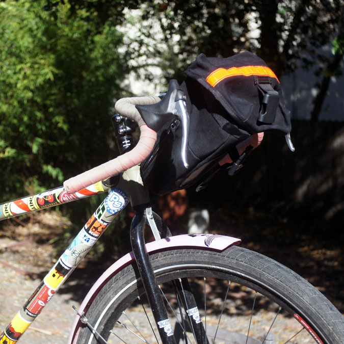 Carradice seat bag as a bar bag, on a fat-tired road bike with flared drop handlebars Carradice seat bag as a bar bag, on a fat-tired road bike with flared drop handlebars